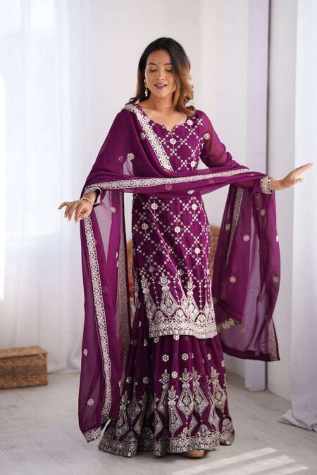 Women's Georgette Embroidery Work Straight Kurta With Sharara Suit and Dupatta Set