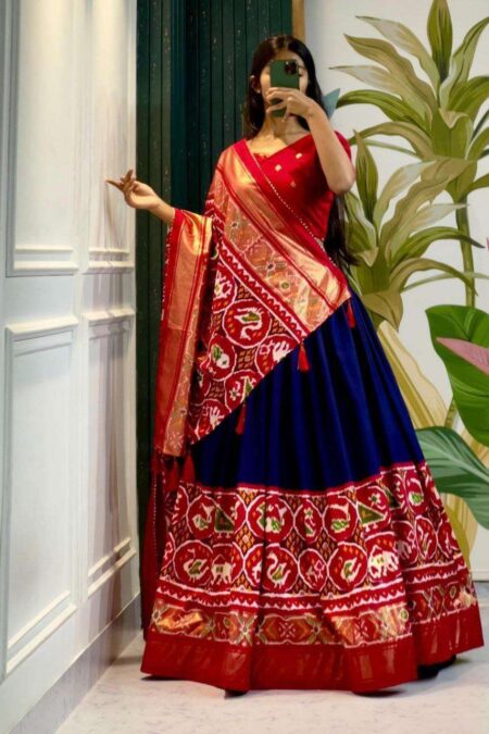 Women's Stitched Tussar Silk Patola Print Lehenga Choli Dupatta Set